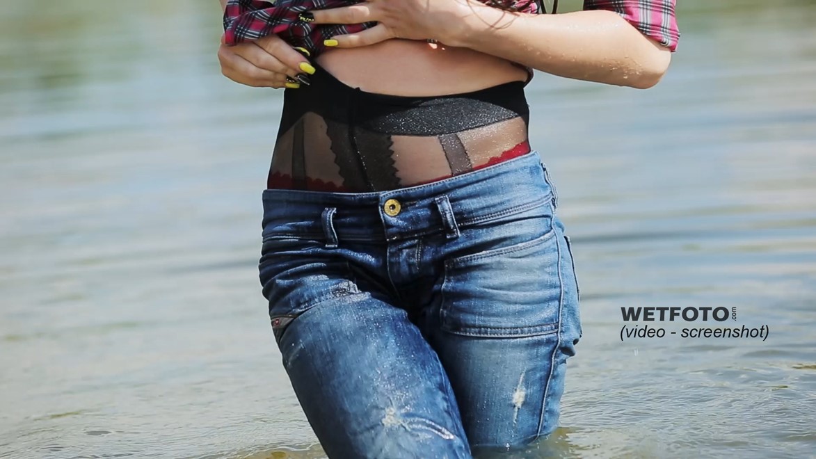 wet girl get wet jacket jeans leather shirt shoes high heels tights fully clothed water swim lake