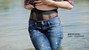 wet girl get wet jacket jeans leather shirt shoes high heels tights fully clothed water swim lake