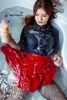#407 - Fully Clothed Hot Girl in Red Skirt, Denim Shirt and Stockings Get Soaking Wet in Shower