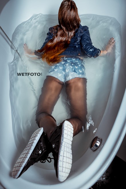 wet girl wet hair get wet denim jacket t-shirt shorts stockings sneakers fully soaked water bath shower