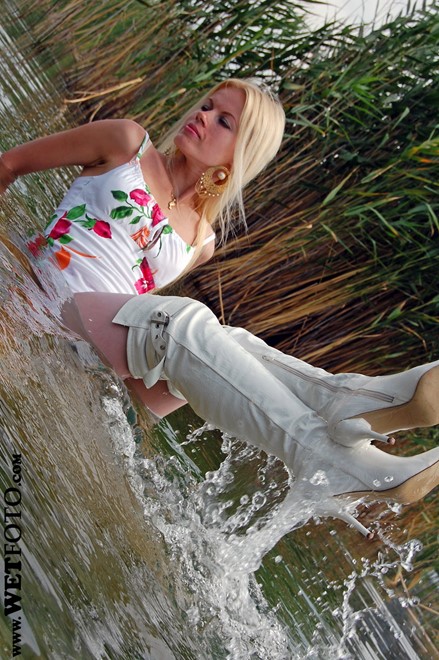 wet girl get wet wet hair fully clothed tight dress stockings leather boots high heels lake
