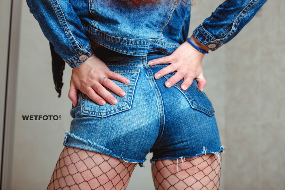 wet girl wet hair jeans jacket top high waisted shorts fishnet tights bath