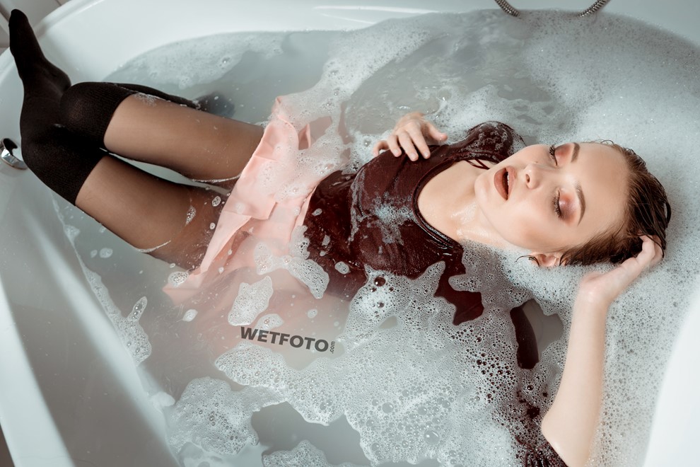 wet girl wet hair get wet blouse skirt tights fully soaked water bath shower