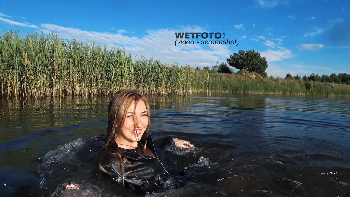 wet girl get wet faux leather jacket bodysuit jeans skirt tights gaiters shoes high heels wet hair lake