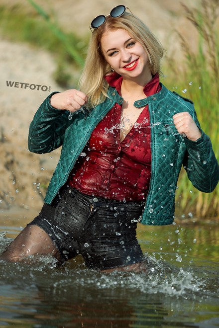 wet girl wet hair get wet shirt jeans shorts tights fully soaked water lake