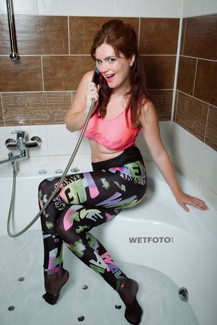 wet girl wet hair get wet bodysuit socks leggings fully soaked water bath shower