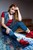 wet girl wet hair get wet  tights jeans bodysuit waistcoat socks sneakers fully clothed water pool