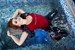 wet girl wet hair get wet tights jeans bodysuit waistcoat socks sneakers fully clothed water pool