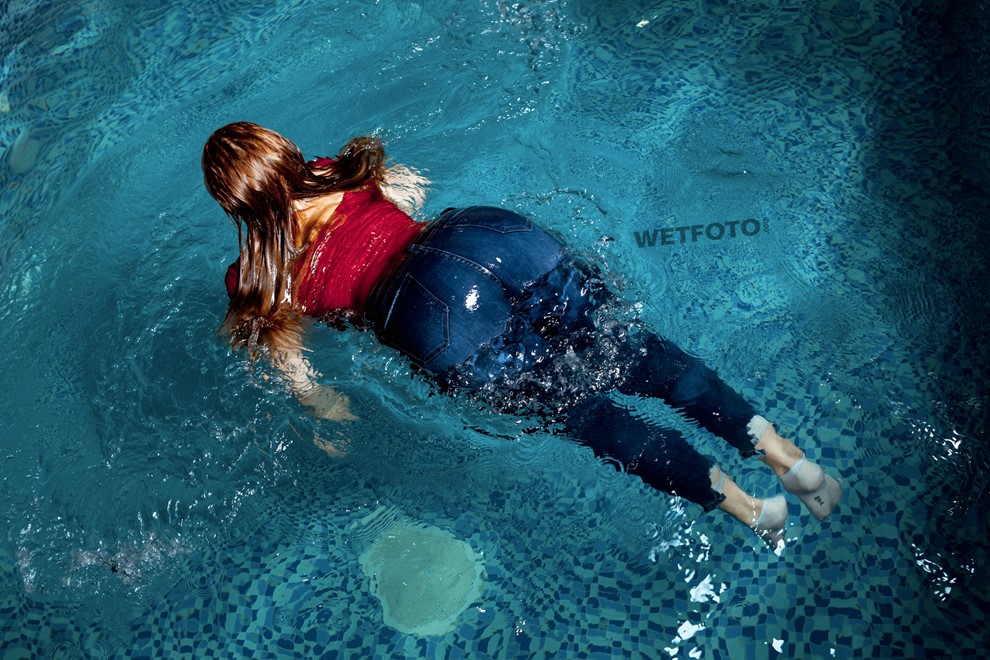 wet girl wet hair get wet tights jeans bodysuit waistcoat socks sneakers fully clothed water pool