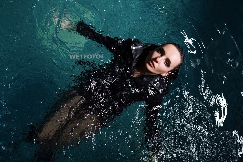 wetfoto girl gets soaking wet faux leather dress pantyhose pool