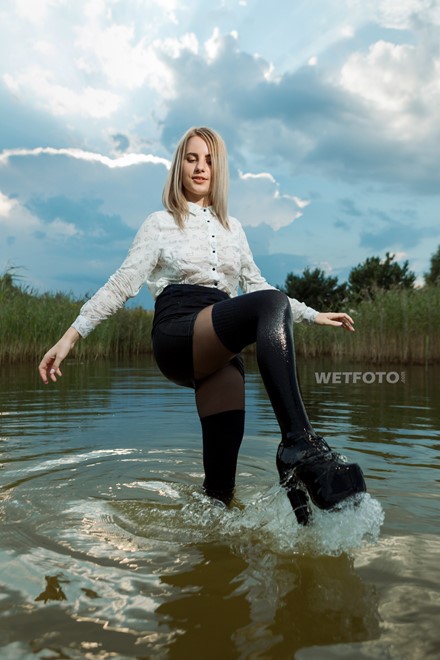 wet girl wet hair get wet  tights skirt blouse shoes high heels fully soaked water bath shower