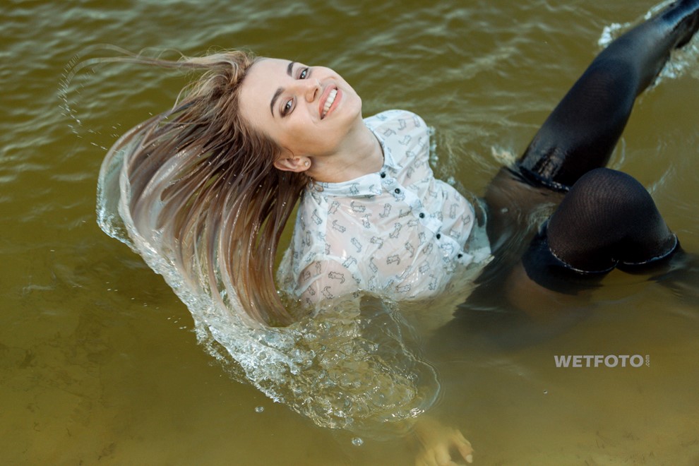 wet girl wet hair get wet  tights skirt blouse shoes high heels fully soaked water bath shower