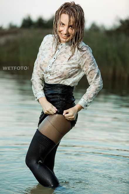 wet girl wet hair get wet  tights skirt blouse shoes high heels fully soaked water bath shower