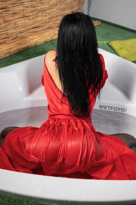 wetfoto girl soaking wet red dress pantyhose