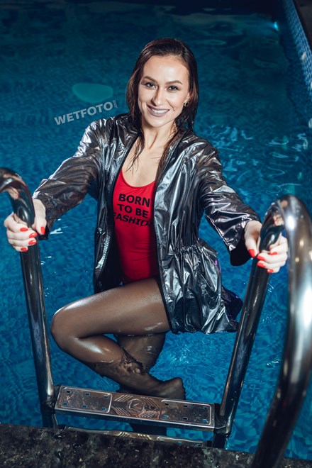 wetfoto girl swimming pool wet cloak red bodysuit pantyhose