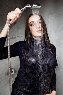 #534 - Girl Takes a Bath and Gets Wet in a Winter Sweater Sneakers Socks and Leather Jacket with Jeans