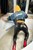 blonde girl makes lether pants hoodie completely wet wetfoto