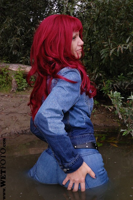 wet girl get wet wet hair fully clothed jacket denim jeans leather boots vest blouse lake