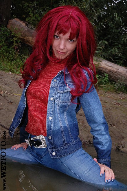 wet girl get wet wet hair fully clothed jacket denim jeans leather boots vest blouse lake
