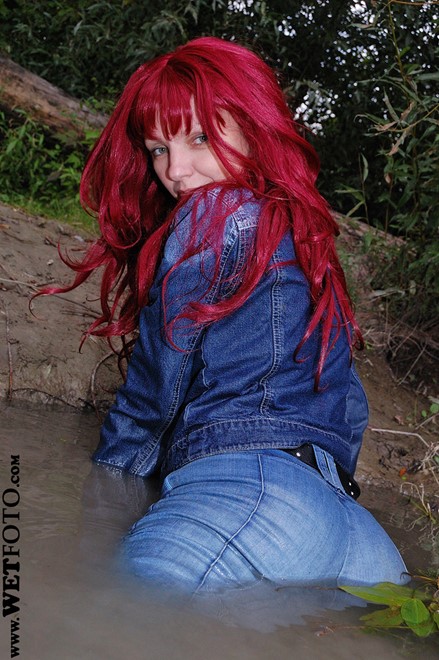 wet girl get wet wet hair fully clothed jacket denim jeans leather boots vest blouse lake