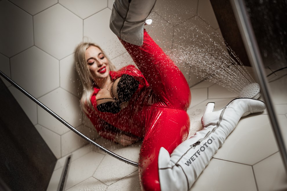 wet red vinyl catsuit wetfoto