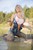 wet girl get wet fully clothed stockings top denim shorts shoes heels lake