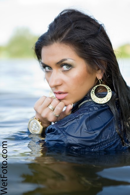 wet girl get wet fully clothed jacket jeans t-shirt high heels shoes lake